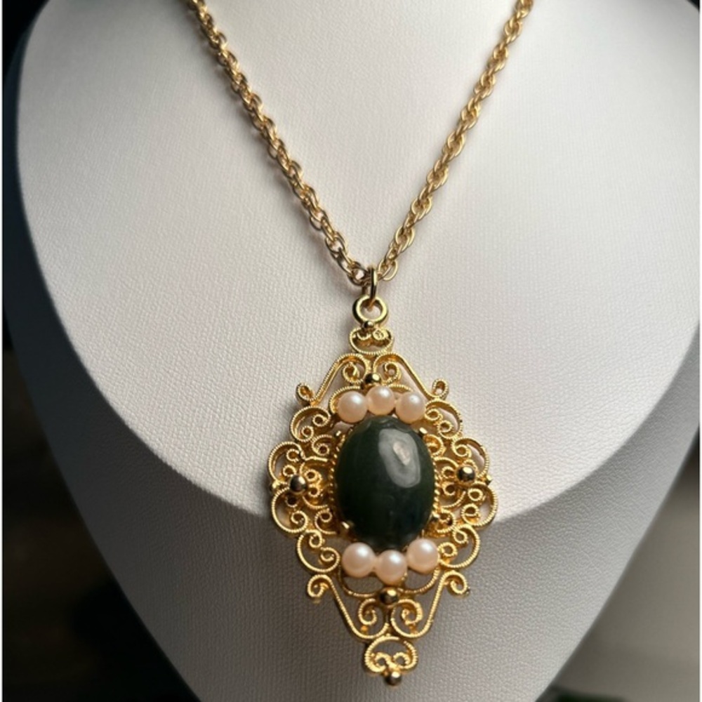 Filigree Pendant With Pearls and Gemstone Cabochon
